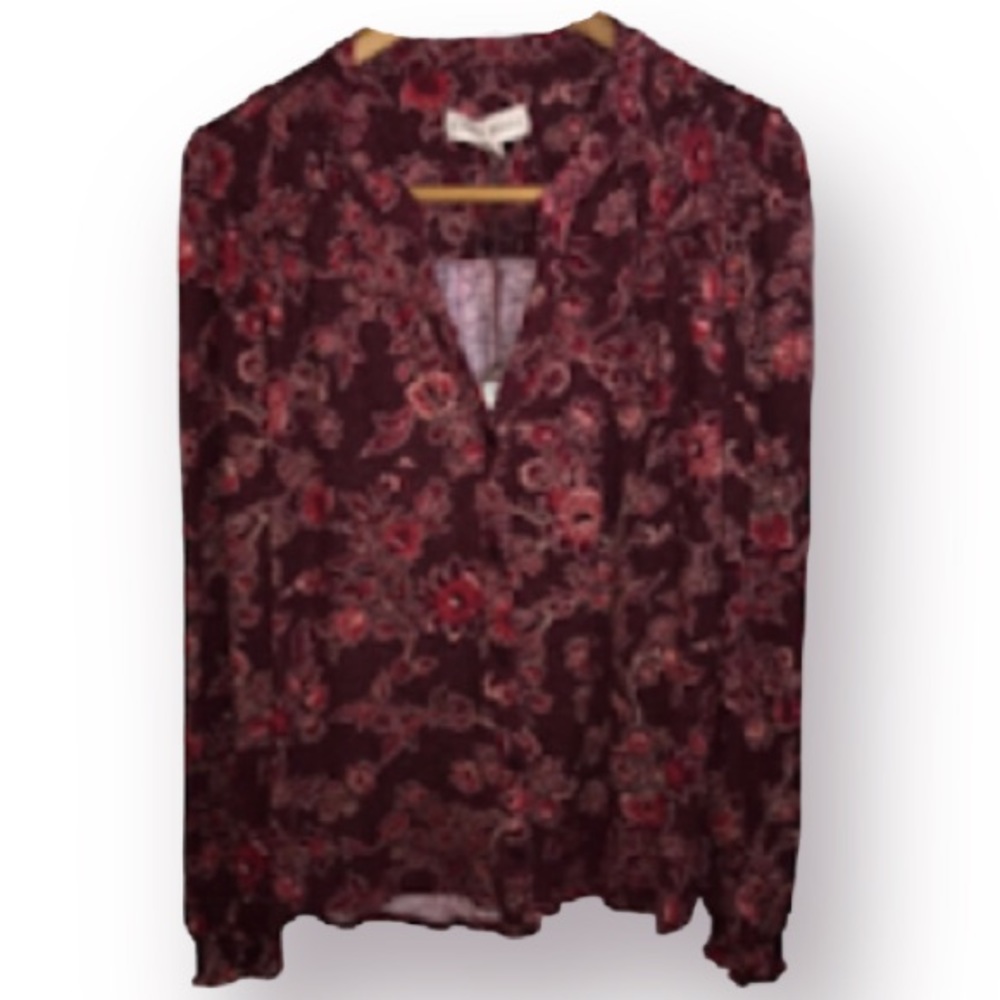 KNOX ROSE Beautiful Soft Flowy Maroon, Red and Pink Button Down Blouse.